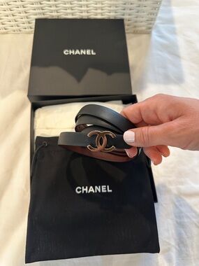 Chanel Black Belt Thin with CC buckle Silver Hardware